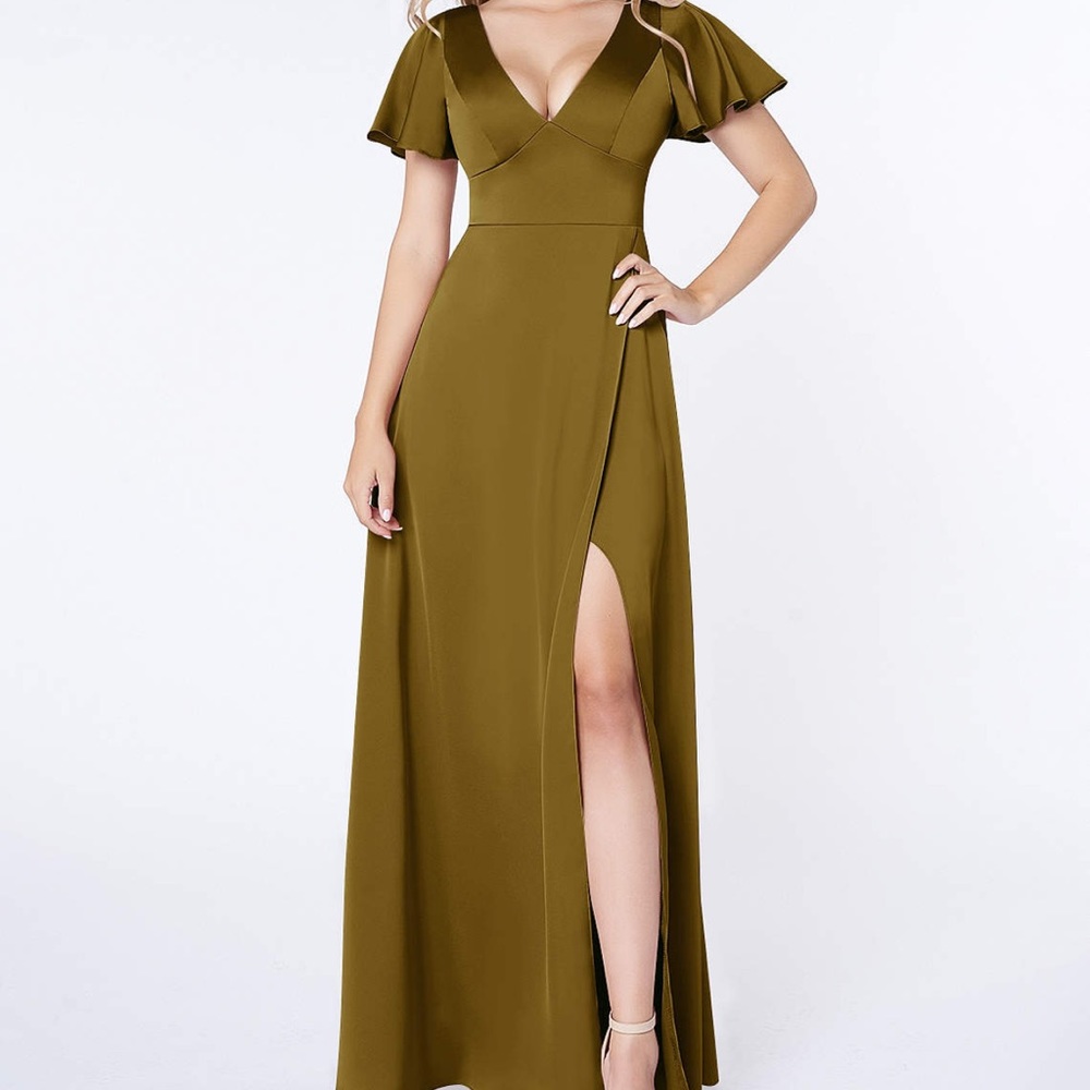 Azazie Lani A-Line Pleated Stretch Satin Floor-Length Dress Martini